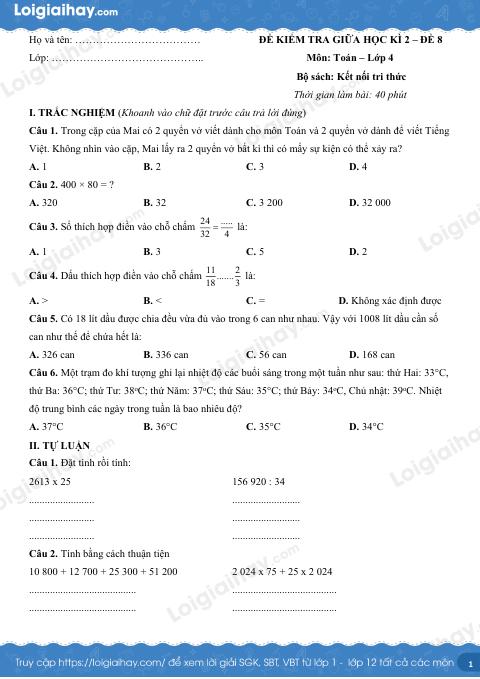 Đề kiểm tra giữa học kì 2 Toán 4 Kết nối tri thức - Đề số 8